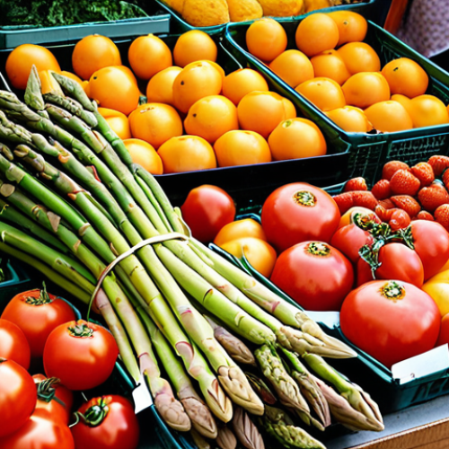 Home 11 **Image Prompt:** A vibrant Dutch farmers market scene filled with fresh, seasonal produce like asparagus, strawberries, tomatoes, pumpkins, cabbage and citrus fruits. Farmers are interacting with customers, showcasing local ingredients. Focus on the colors and textures of the food.