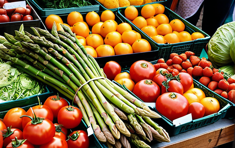 **Image Prompt:** A vibrant Dutch farmers market scene filled with fresh, seasonal produce like asparagus, strawberries, tomatoes, pumpkins, cabbage and citrus fruits. Farmers are interacting with customers, showcasing local ingredients. Focus on the colors and textures of the food.
