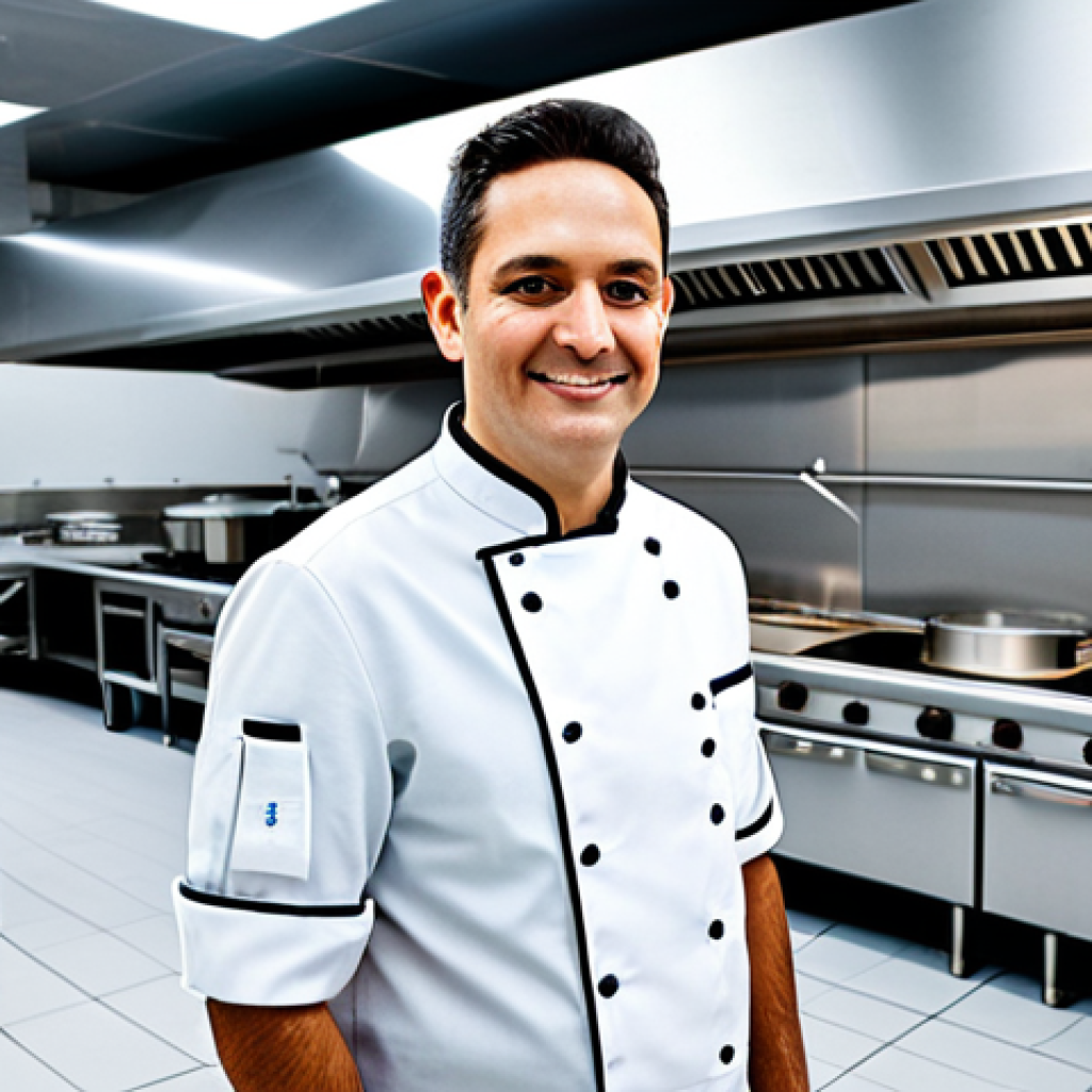 A professional, modern chef, fully clothed in a clean, modest chef's uniform, stands confidently in a high-tech, meticulously organized commercial kitchen. The kitchen features sleek stainless steel surfaces, integrated digital displays, and smart cooking appliances, showcasing a data-driven approach to culinary operations. The lighting is bright and even, highlighting the clean, efficient layout. The chef has perfect anatomy, correct proportions, well-formed hands, and a natural pose. This image is safe for work, appropriate content, and family-friendly, rendered with professional photography and high quality.