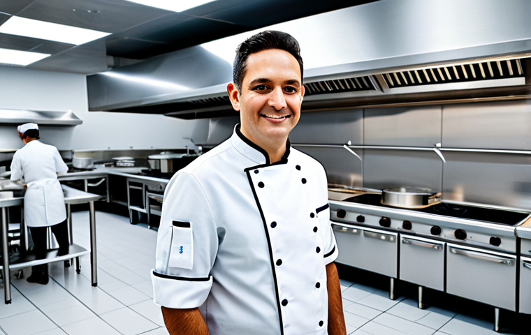 A professional, modern chef, fully clothed in a clean, modest chef's uniform, stands confidently in a high-tech, meticulously organized commercial kitchen. The kitchen features sleek stainless steel surfaces, integrated digital displays, and smart cooking appliances, showcasing a data-driven approach to culinary operations. The lighting is bright and even, highlighting the clean, efficient layout. The chef has perfect anatomy, correct proportions, well-formed hands, and a natural pose. This image is safe for work, appropriate content, and family-friendly, rendered with professional photography and high quality.