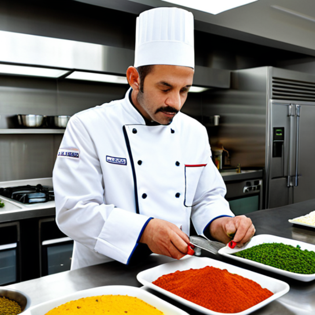 A professional international chef, male or female, in a crisp, modest chef's jacket and appropriate attire, meticulously inspecting a vibrant array of fresh, exotic ingredients from around the world on a clean stainless steel counter in a brightly lit professional kitchen. The ingredients include colorful spices, unique vegetables, and fresh herbs, representing diverse global origins. The chef has a focused, professional expression. The background shows hints of modern kitchen equipment. Perfect anatomy, correct proportions, natural pose, well-formed hands, proper finger count, natural body proportions, safe for work, appropriate content, fully clothed, professional photography, high quality.