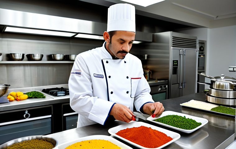 A professional international chef, male or female, in a crisp, modest chef's jacket and appropriate attire, meticulously inspecting a vibrant array of fresh, exotic ingredients from around the world on a clean stainless steel counter in a brightly lit professional kitchen. The ingredients include colorful spices, unique vegetables, and fresh herbs, representing diverse global origins. The chef has a focused, professional expression. The background shows hints of modern kitchen equipment. Perfect anatomy, correct proportions, natural pose, well-formed hands, proper finger count, natural body proportions, safe for work, appropriate content, fully clothed, professional photography, high quality.