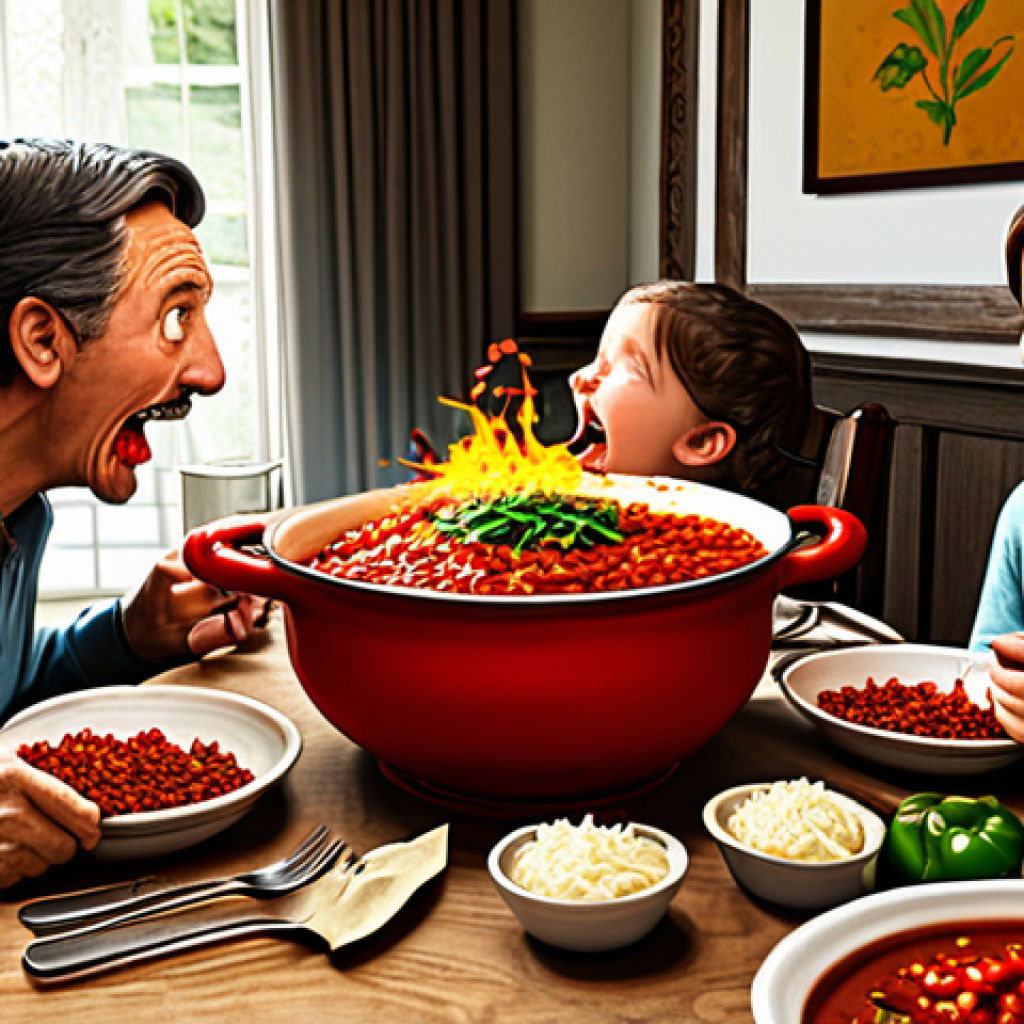 The Over-Spiced Chili Disaster**

Prompt: "A humorous scene depicting a family sitting at a dinner table, faces flushed and eyes watering, trying to eat bowls of bright red chili. The chili pot on the table is overflowing. Add a cartoonish exaggeration to the spice effect. Family-friendly scene, appropriate content, fully clothed, well-lit dining room. Perfect anatomy, natural proportions, professional illustration, high quality, safe for work."

**