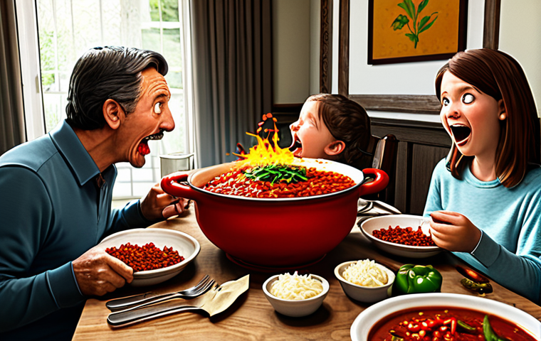 The Over-Spiced Chili Disaster**
Prompt: "A humorous scene depicting a family sitting at a dinner table, faces flushed and eyes watering, trying to eat bowls of bright red chili. The chili pot on the table is overflowing. Add a cartoonish exaggeration to the spice effect. Family-friendly scene, appropriate content, fully clothed, well-lit dining room. Perfect anatomy, natural proportions, professional illustration, high quality, safe for work."
**