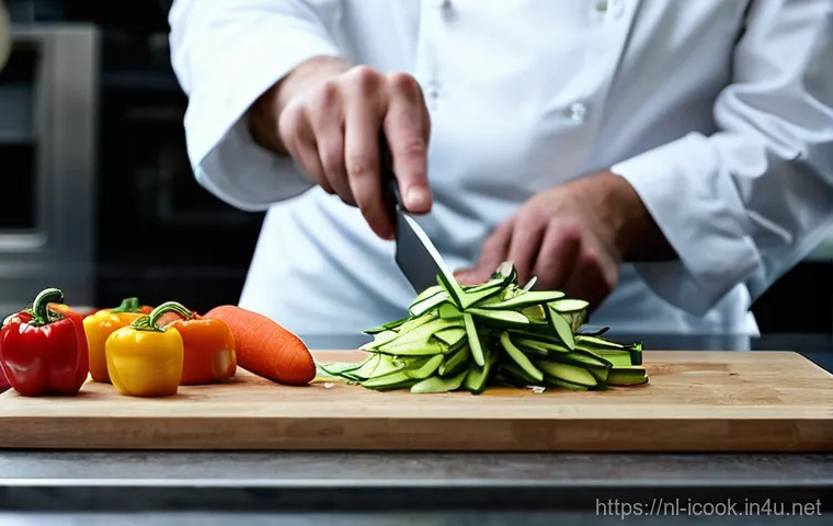요리사 실기시험 모의고사 준비 - **Prompt 1: Precision Knife Skills and Mise en Place**
    A highly skilled chef, wearing a crisp, p...
