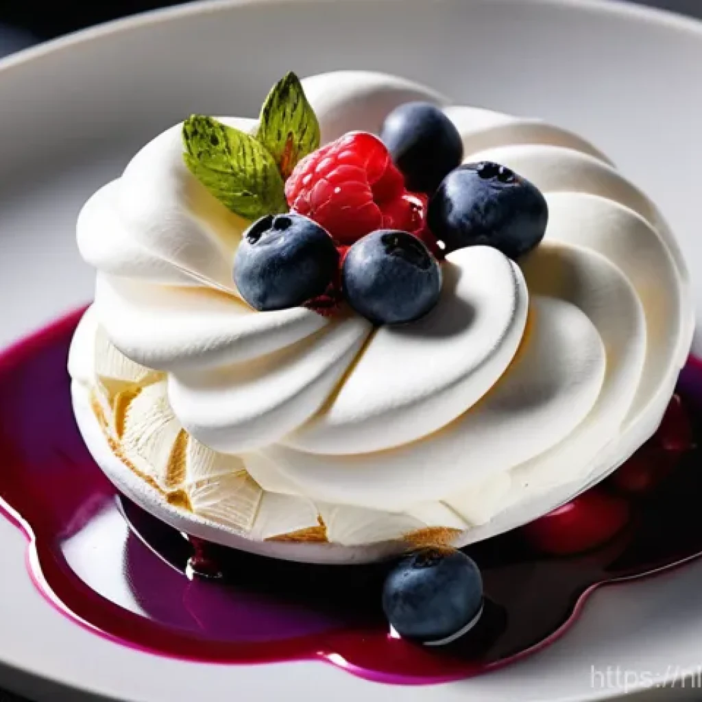 요리사로서 프레젠테이션 기술 활용 - **Vibrant Deconstructed Berry Pavlova:**
A top-down, close-up shot of a deconstructed berry pavl...
