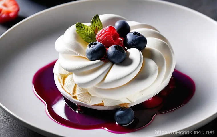 요리사로서 프레젠테이션 기술 활용 - **Vibrant Deconstructed Berry Pavlova:**
A top-down, close-up shot of a deconstructed berry pavl...