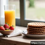 Home 21 요리사의 음식 사진 촬영 팁 - A bright and inviting food photography scene showcasing a rustic Dutch breakfast table by a large wi...