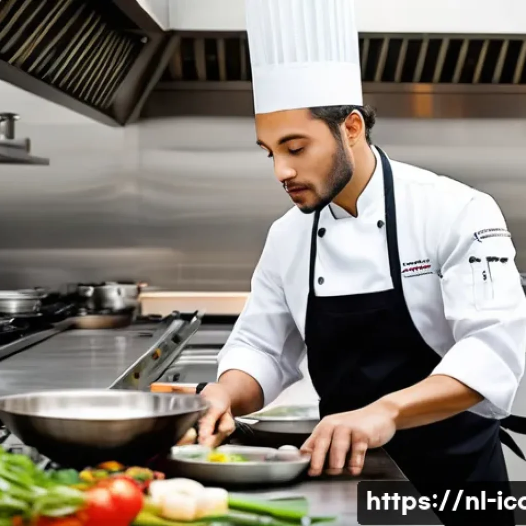 국제요리사로 해외 취업하기 - A professional international chef in a modern kitchen setting, wearing a clean white chef’s jacket a...