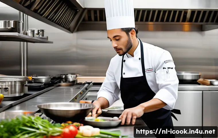 국제요리사로 해외 취업하기 - A professional international chef in a modern kitchen setting, wearing a clean white chef’s jacket a...