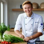 Home 19 요리사 실습 장소 찾는 방법 - A young Dutch culinary intern wearing a clean, white chef’s jacket and apron, enthusiastically exper...