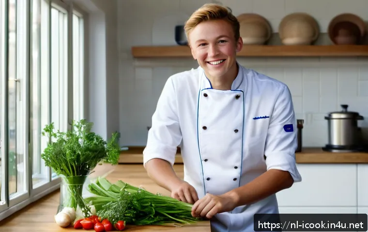 요리사 실습 장소 찾는 방법 - A young Dutch culinary intern wearing a clean, white chef’s jacket and apron, enthusiastically exper...