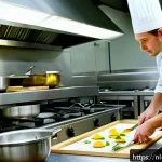 Home 18 국제요리사 시험장 환경 미리 알아보기 - A professional Dutch chef in a busy, modern kitchen, wearing a clean white chef’s uniform with a toq...