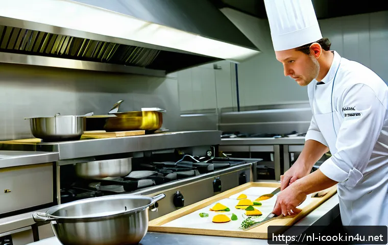 국제요리사 시험장 환경 미리 알아보기 - A professional Dutch chef in a busy, modern kitchen, wearing a clean white chef’s uniform with a toq...