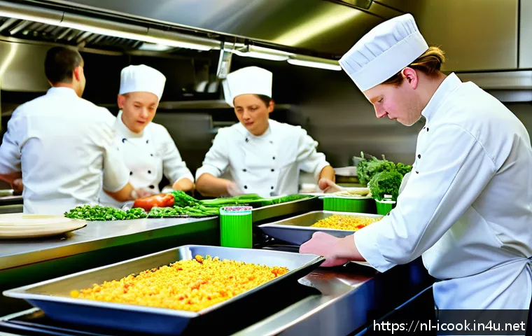 요리사 실습과 실무의 차이 - A bustling professional kitchen scene in the Netherlands during a busy dinner service, showing a you...
