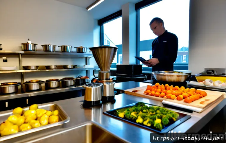 요리사 직무의 트렌드 변화 - Photorealistic modern Dutch restaurant kitchen in Amsterdam, a diverse professional chef using a tab...