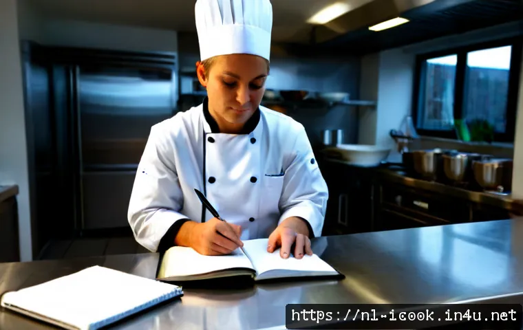 요리사 업무일기 작성 팁 - Photorealistic Dutch restaurant chef in a clean professional kitchen, wearing a crisp white chef jac...